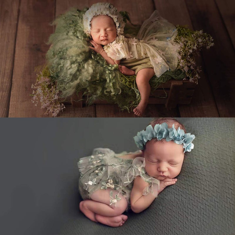 SPOKKI 3 PCS Newborn Photography Props with Baby Lace Rompers Hat Flower Headband Vest Floral Classic Outfits for Girl Princess Twins Birthday Party - Image 3